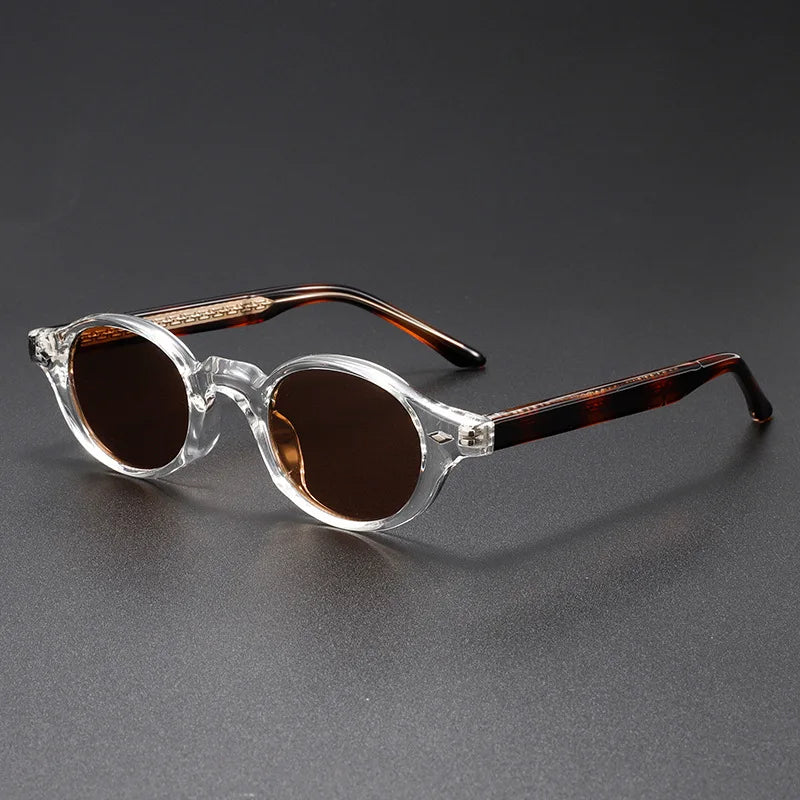 Men's retro round sunglasses with an amber leopard print frame and UV protective lenses.