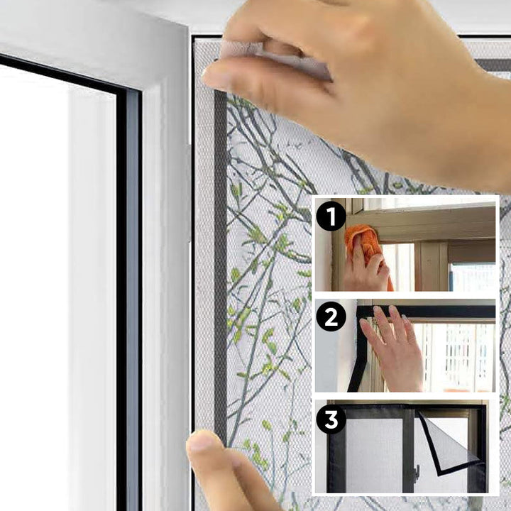 Outside view of a house with self-adhesive window screens, providing discreet insect protection