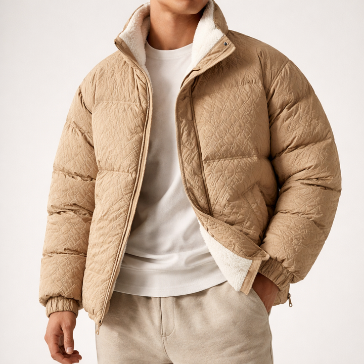 Close-up of the textured sherpa fleece on a warm Unisex Puffer Jacket, ideal winter coat