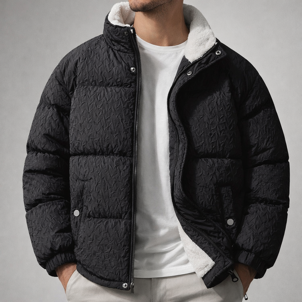 Back view of a Unisex Sherpa Puffer Jacket, showcasing the quilted pattern and casual style