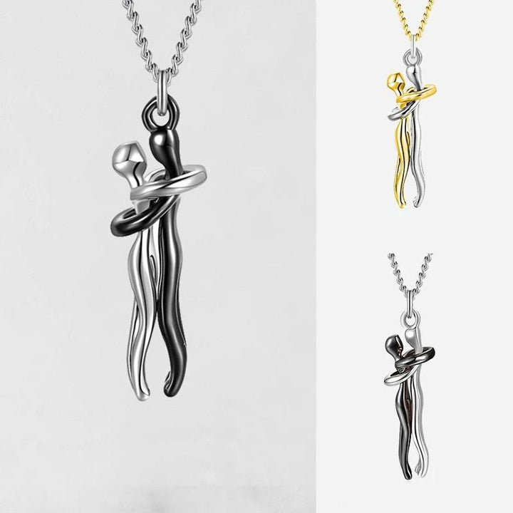 Unisex silver embrace hug pendant necklace, sentimental love jewelry, adjustable chain