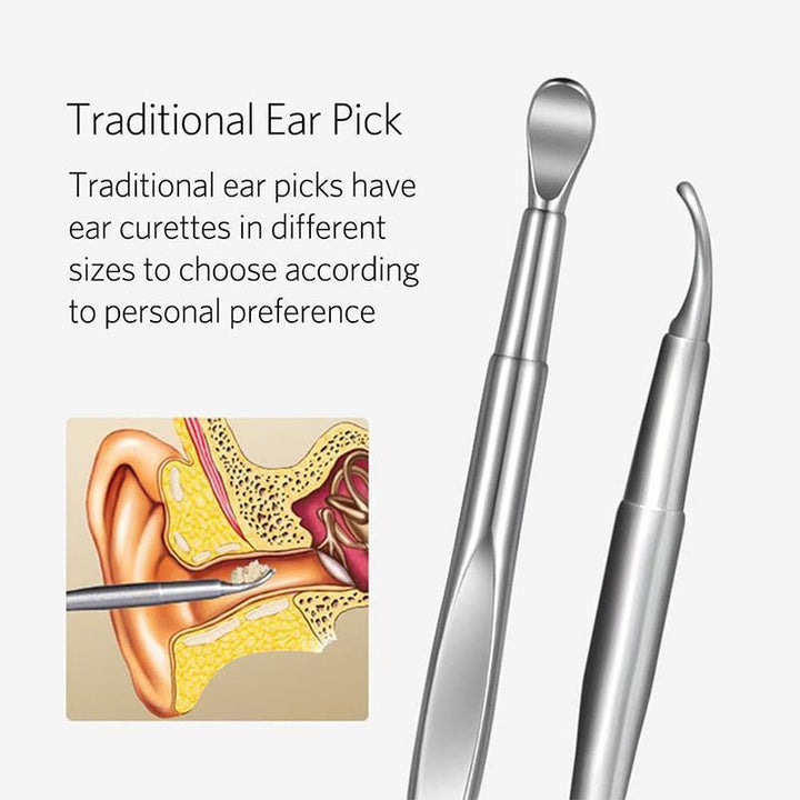 Ergonomic handle of a stainless steel ear picker, part of a personal ear care set