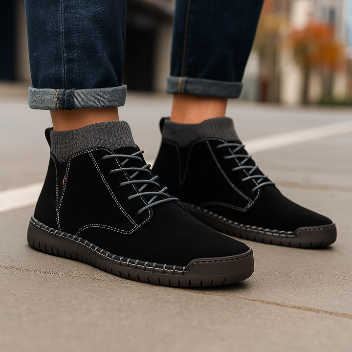 Top-down shot of unisex knit collar boots, showcasing the robust lace-up system