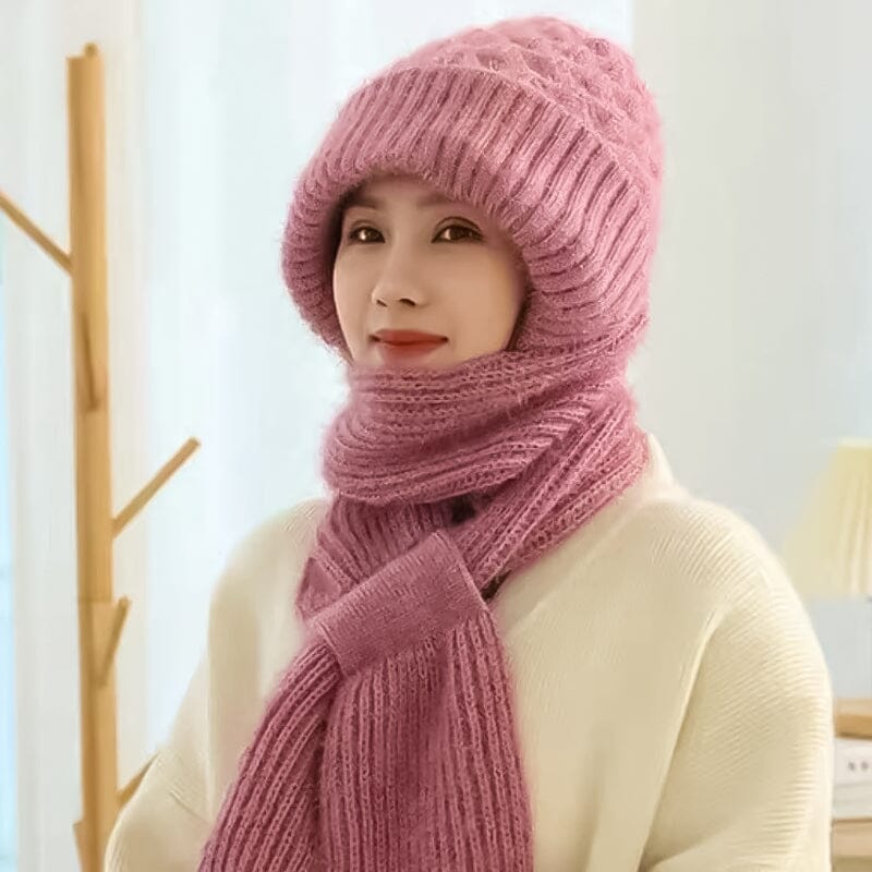Unisex winter hooded scarf in light blue, knit, providing comfortable ear protection and warmth against the cold.