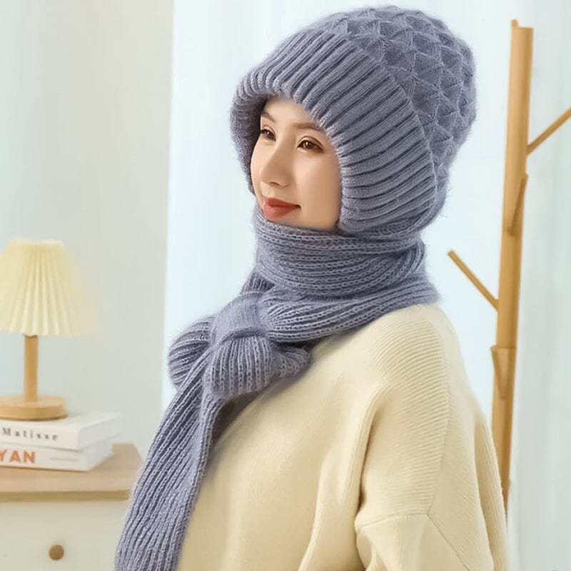 Stylish dark gray unisex knit hooded scarf with ear protection, perfect for staying warm during autumn and winter.