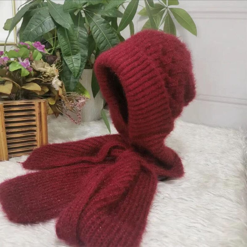 Unisex knit hooded scarf in a two-tone gray, offering windproof ear protection for various winter outdoor activities.