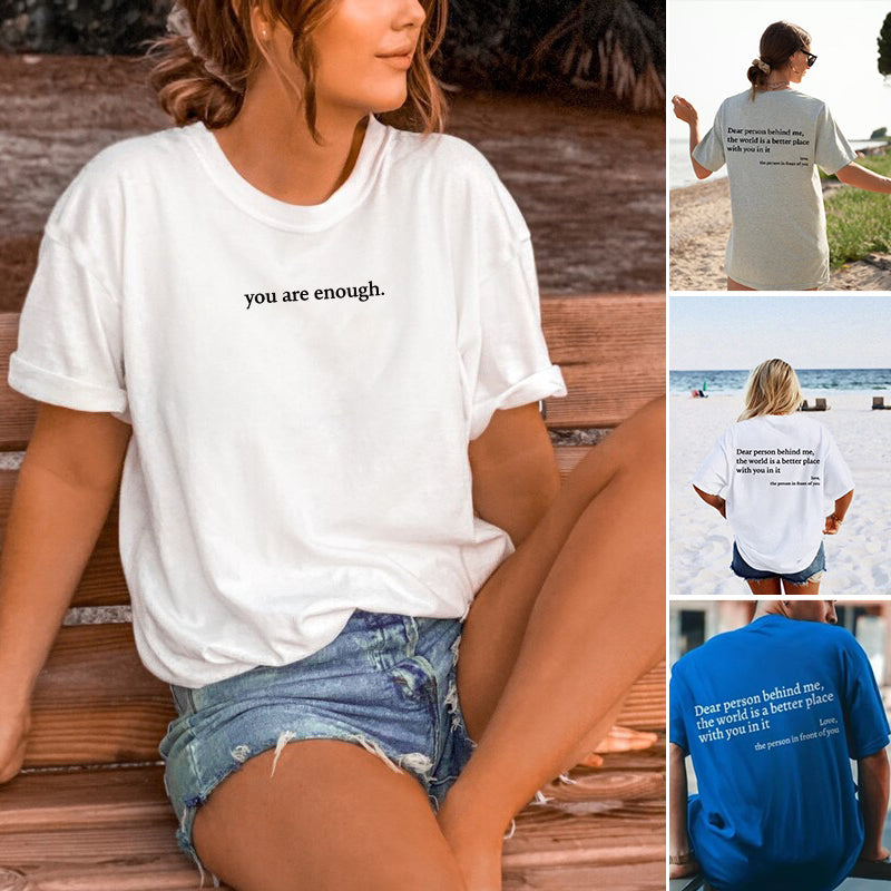 Unisex 'You Are Enough' inspirational cotton t-shirt in white, positive message on comfort wear.