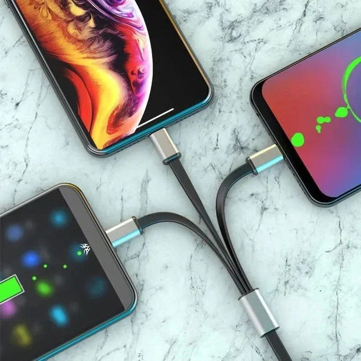 Universal 3-in-1 fast charging cable with USB-C, Micro USB, and Apple connectors for multiple devices.