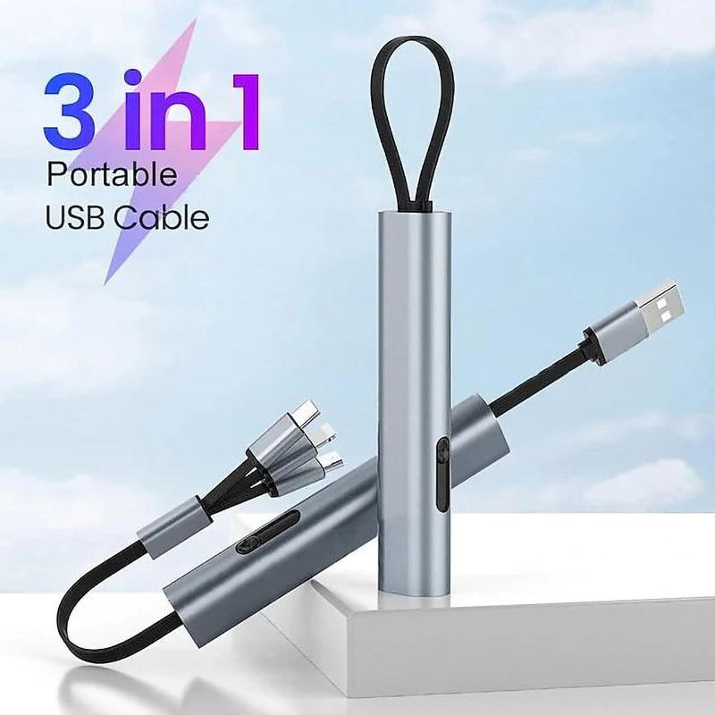Portable 3-in-1 charging cable for fast charging electronics, compatible with USB-C, Micro USB, Apple.