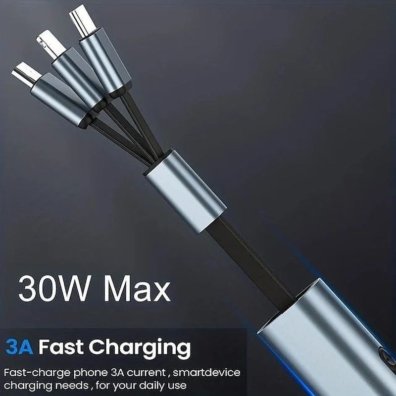 Universal 3-in-1 fast charging cable connected to a smartphone, tablet, and wireless earbuds simultaneously.