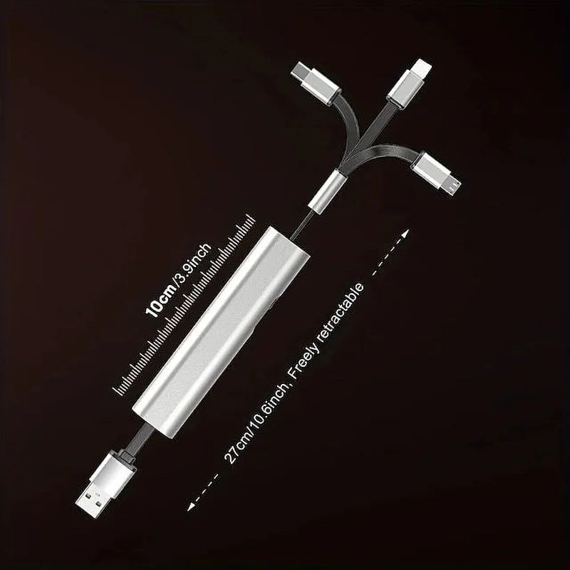 High-speed 3-in-1 charging cable with robust connectors for reliable multi-device power delivery.