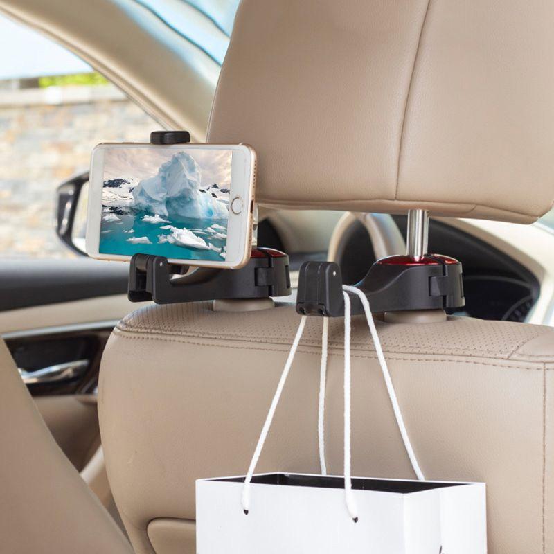 Universal car seat headrest hook, black, 360° rotating for optimal car storage & organization