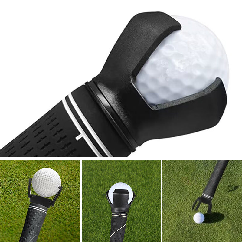 Universal golf ball picker attached to a putter, making retrieval easy on the green.