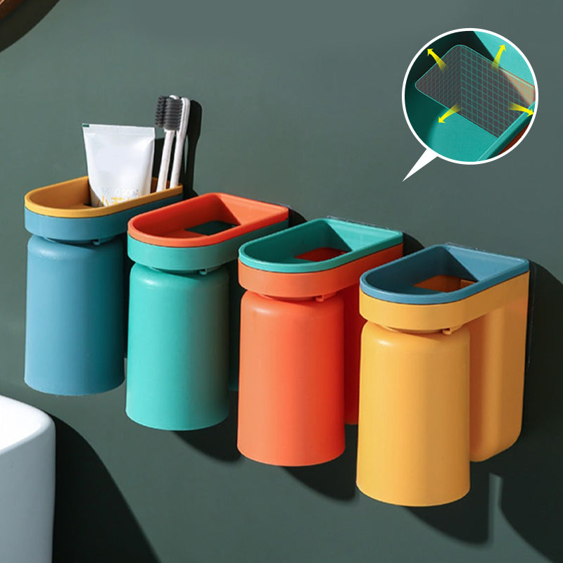 Integrated toothbrush and cup holder, a practical wall-mount solution for bathroom storage.