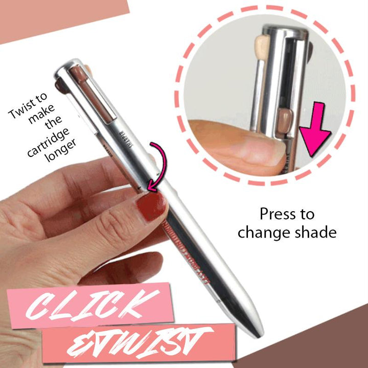 Overview of the eyebrow contour & highlight pen with its four distinct shades for makeup