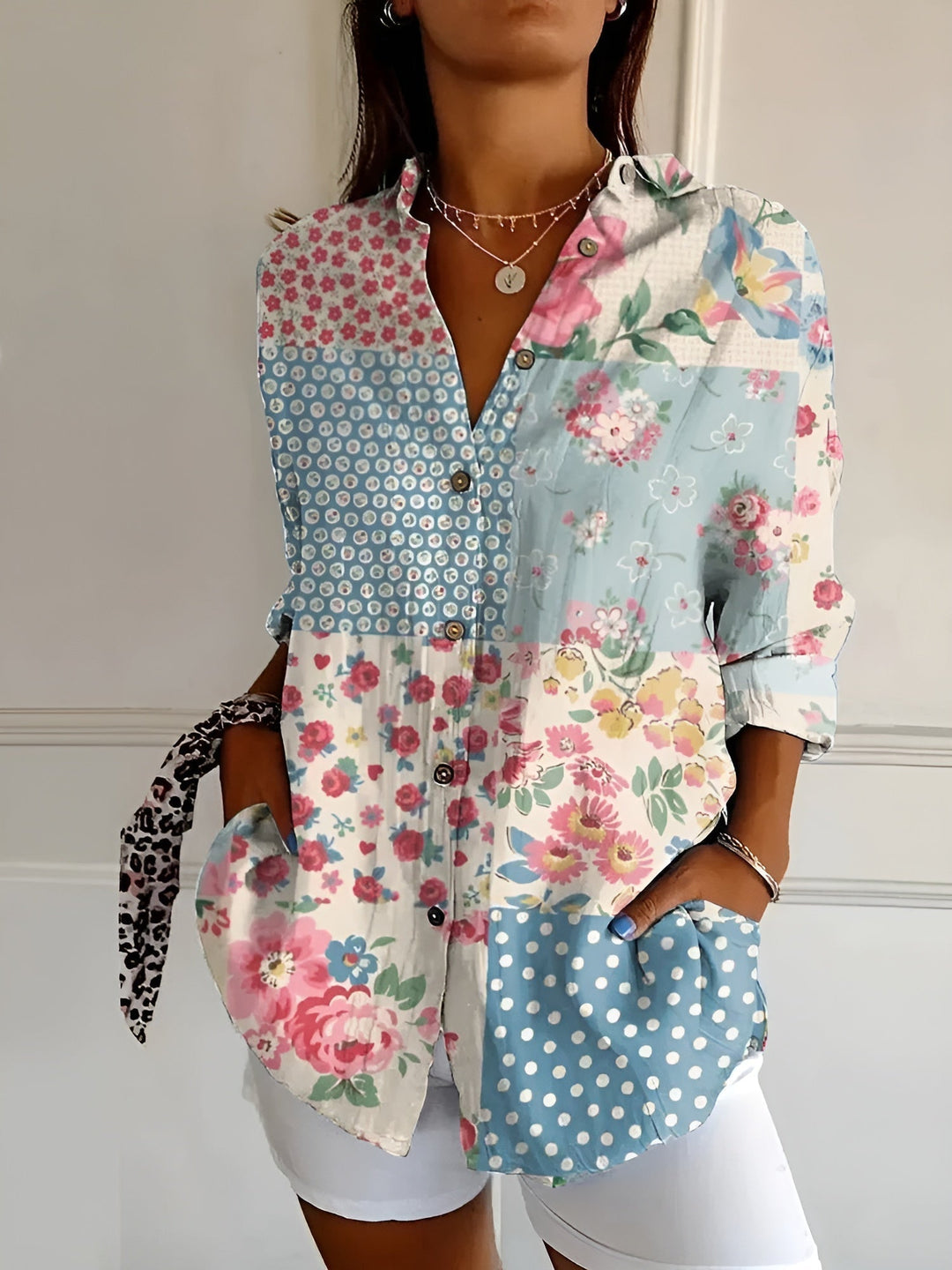 Relaxed fit women's abstract print split-neck blouse, long sleeve. Comfortable everyday or office wear.