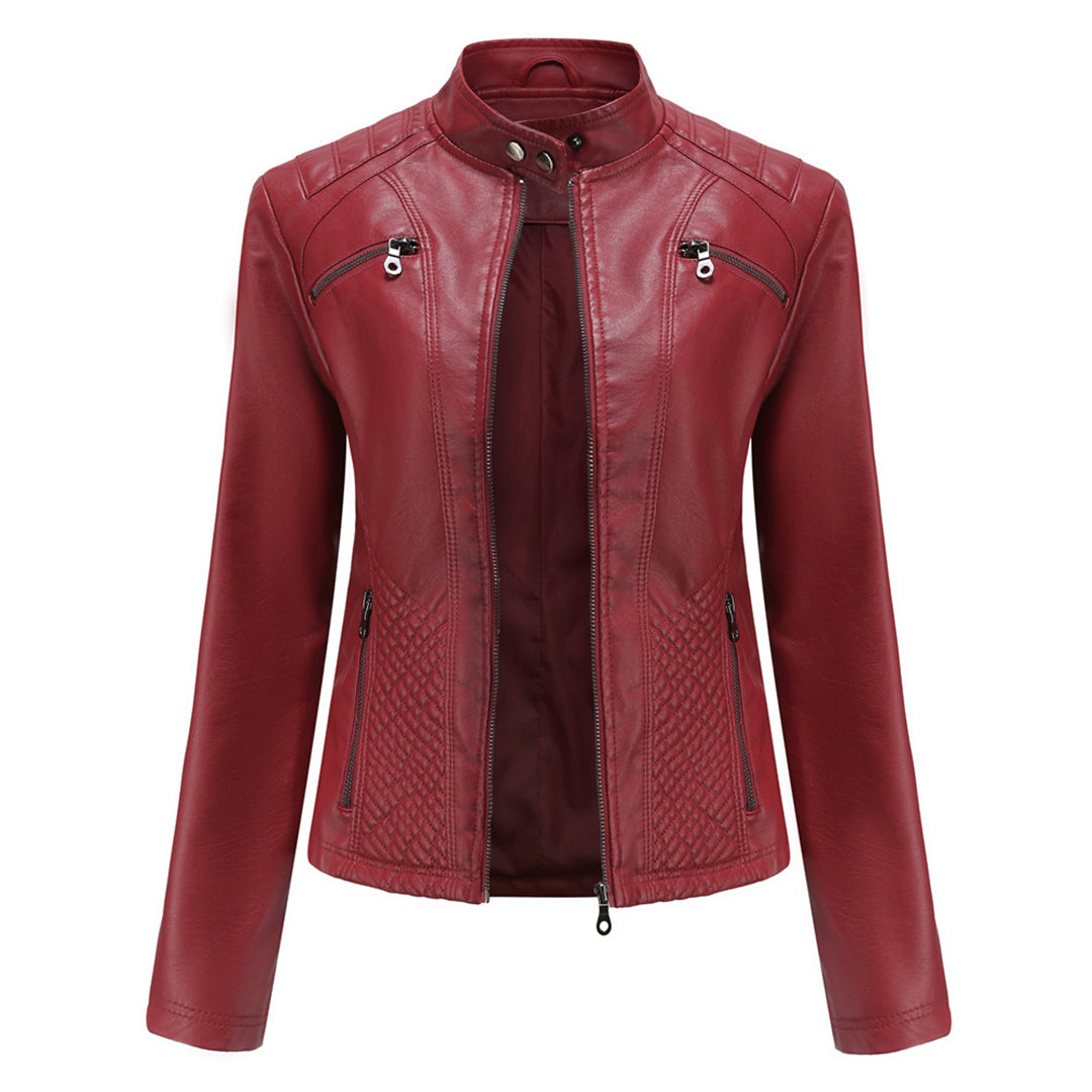 Versatile women's black faux leather zip-up jacket, ideal for adding an edgy touch to any outfit.