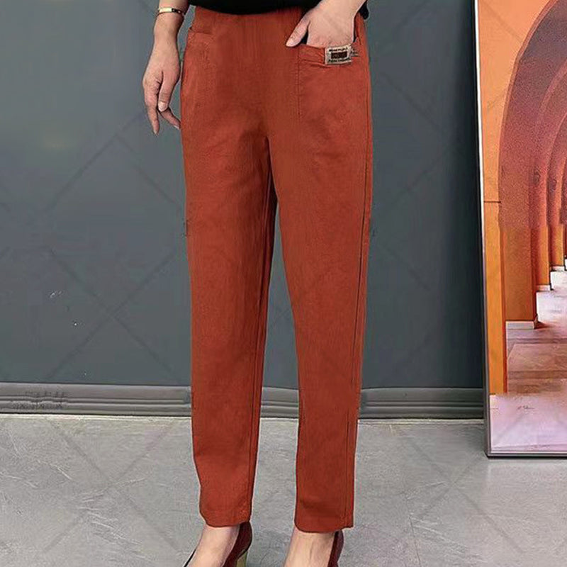 Stylish women's cropped harem pants, 100% cotton with an elastic waistband, loose fit