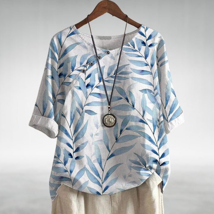 Lightweight casual leaf print blouse for women, featuring a comfortable relaxed fit