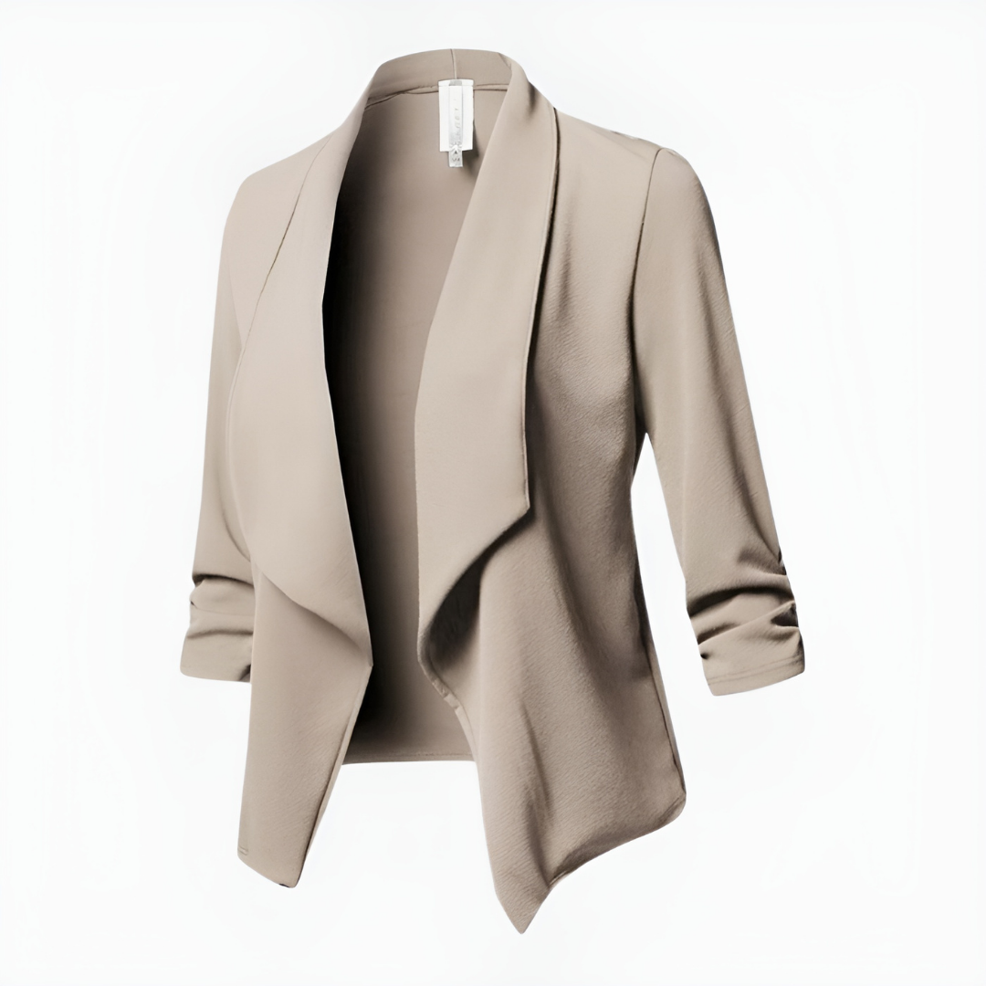 Close-up of a women's chic open front office blazer, highlighting the fabric texture.