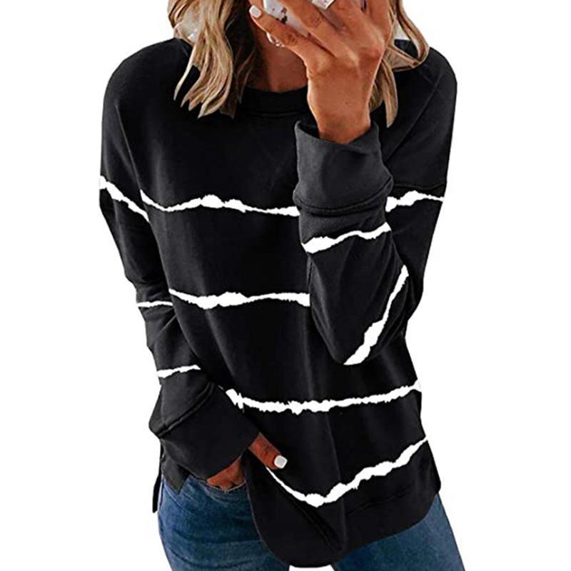 Close-up of the striped pattern on a women's casual long sleeve pullover sweatshirt, soft fabric