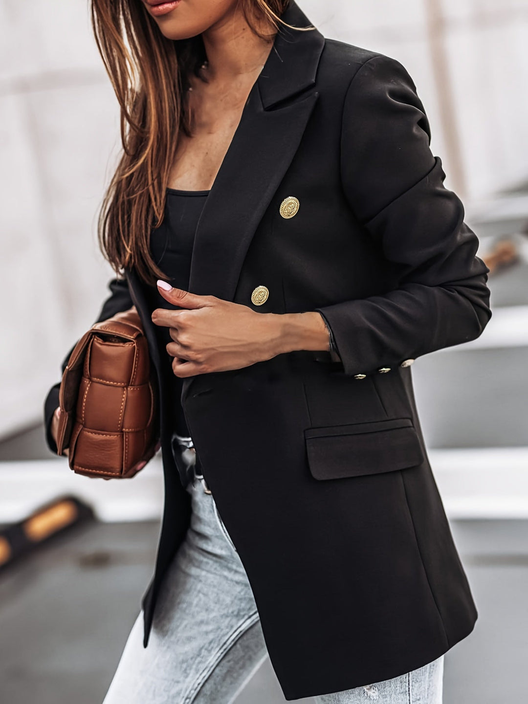 Women's casual workwear double-breasted button blazer, perfect for professional business attire.