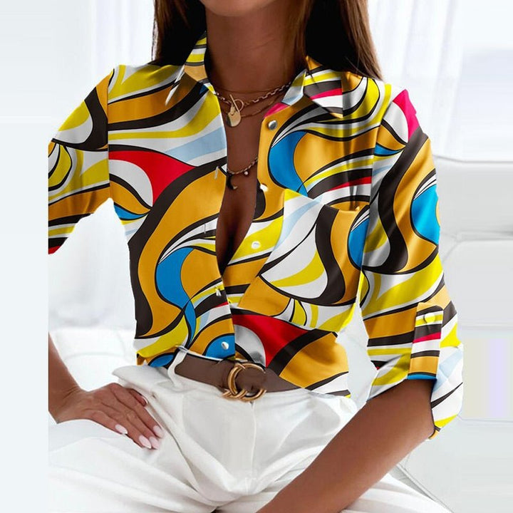 Casual chic women's long sleeve printed button down blouse, versatile style.