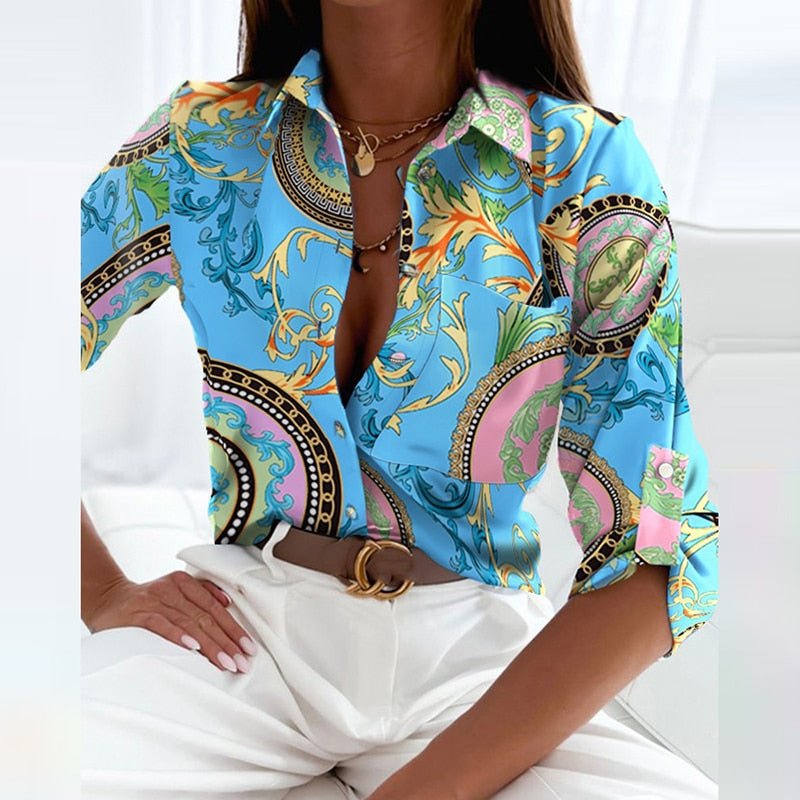 Stylish women's patterned long sleeve shirt, ideal for casual chic.