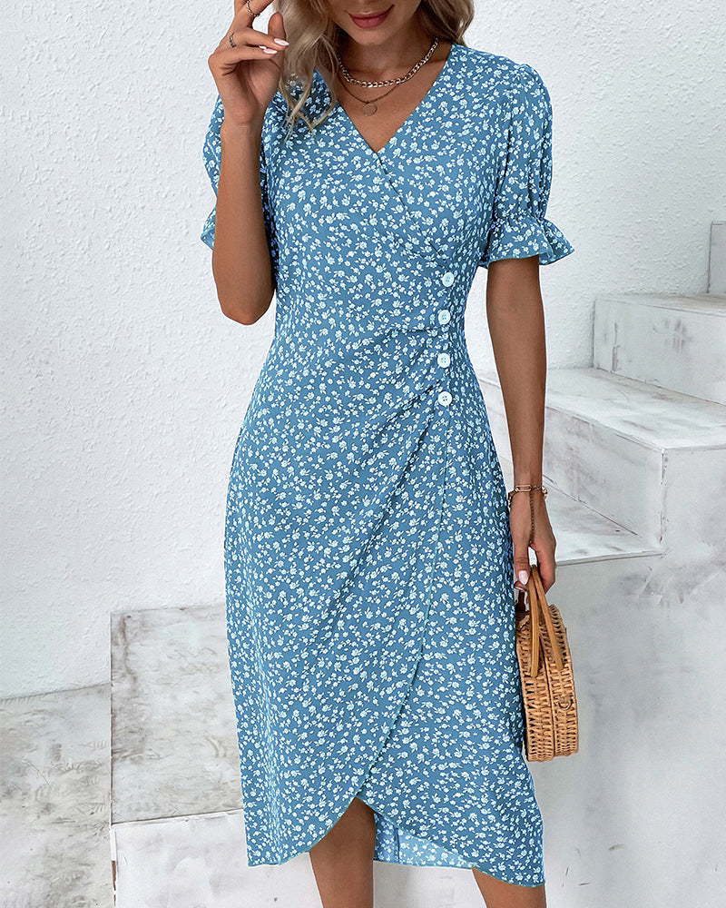 Printed V-neck wrap midi dress for women, short sleeves, elegant summer fashion.