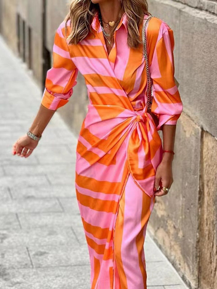 Women's chic V-neck wrap shirt dress, long sleeve midi. Elegant office wear or casual chic style.