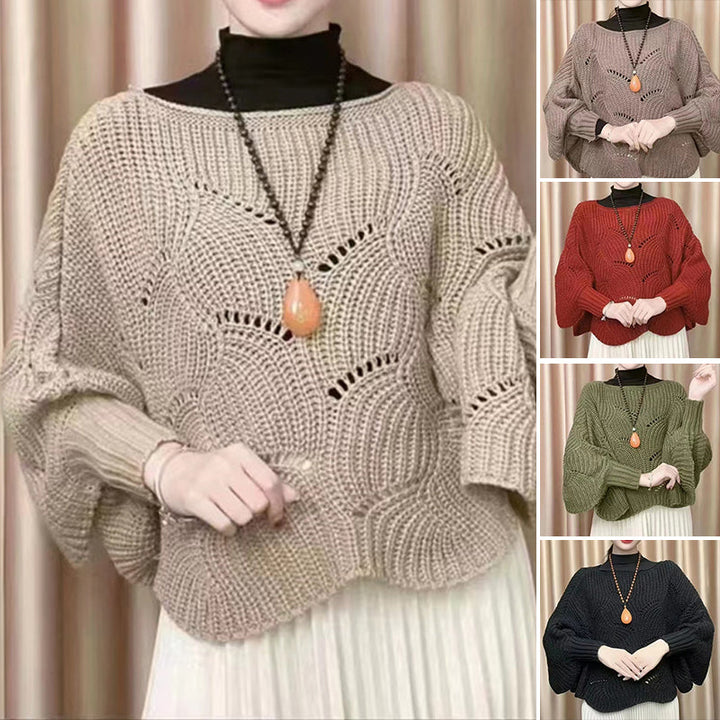 Soft knit women's pullover sweater with draped batwing sleeves and shawl collar design