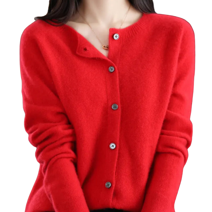 Women's classic merino wool long sleeve sweater with button front, crew neck, and elegant knit.