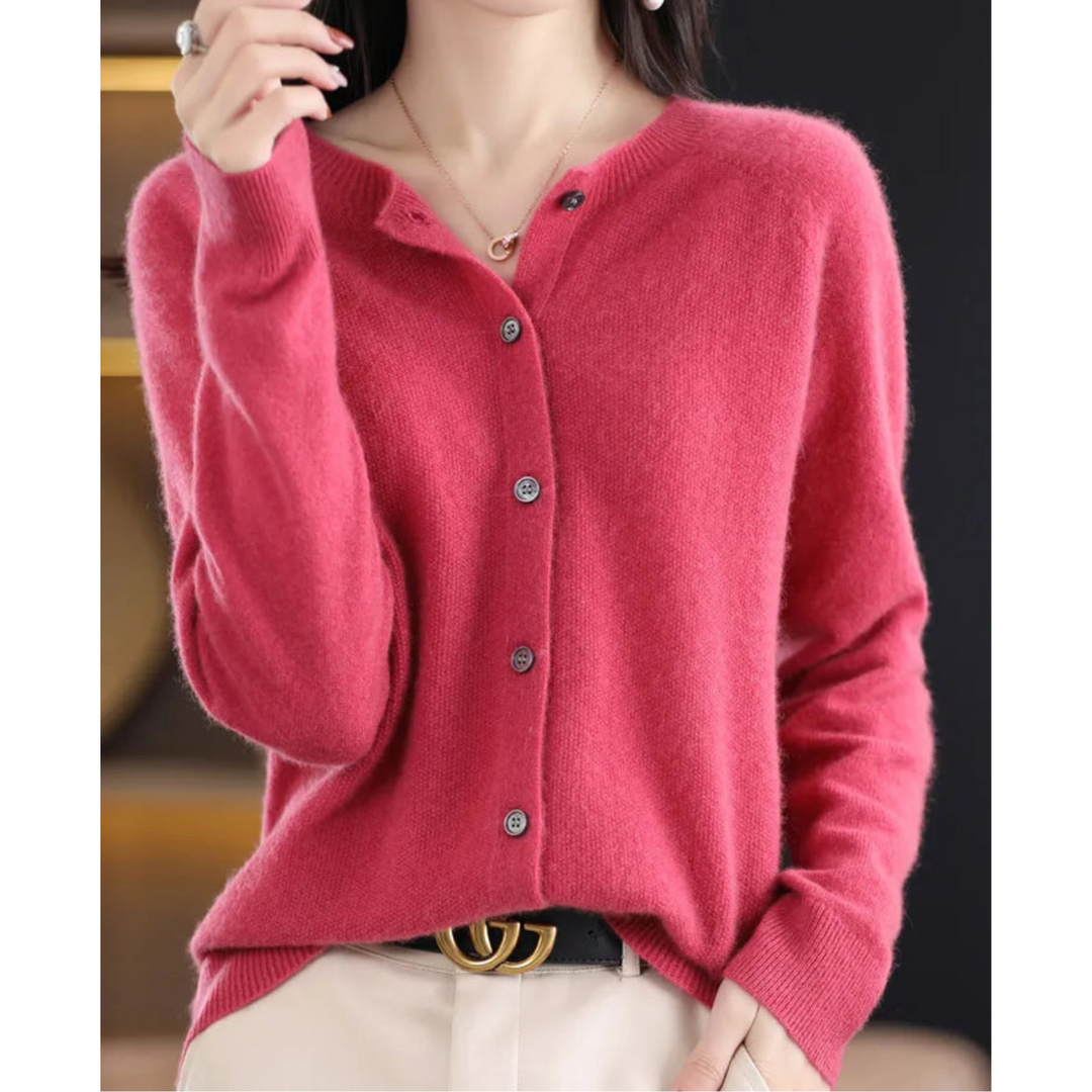 Soft, versatile women's merino wool sweater, long sleeve, button front, perfect for winter fashion.