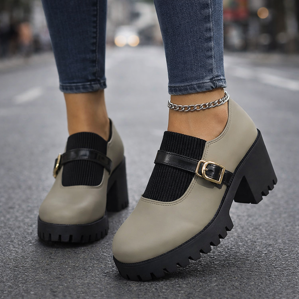 Khaki leather platform heels for women with adjustable strap, offering comfort & orthopedic support