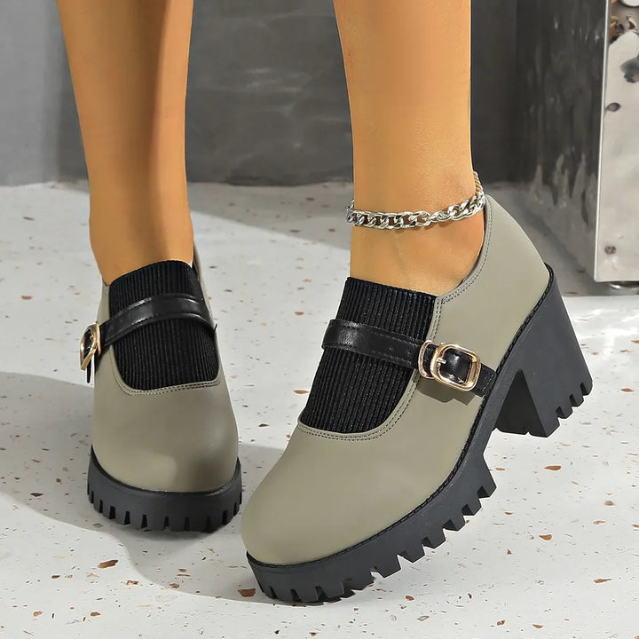 Dressy yet comfortable women's platform heels, adjustable strap, available in khaki & gray leather
