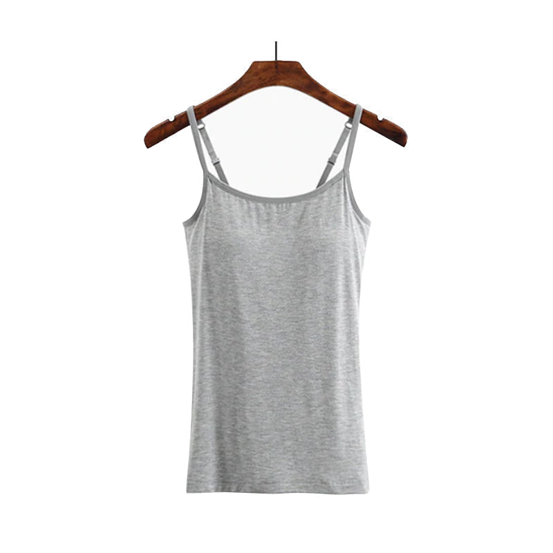 Collection of women's comfort tank tops in various colors, built-in bras for versatile wear
