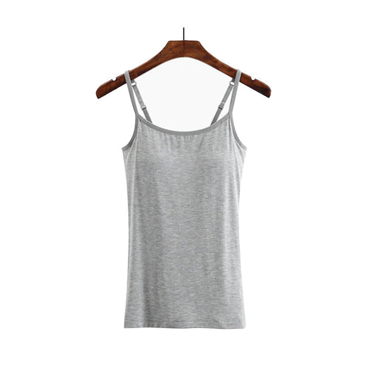 Collection of women's comfort tank tops in various colors, built-in bras for versatile wear