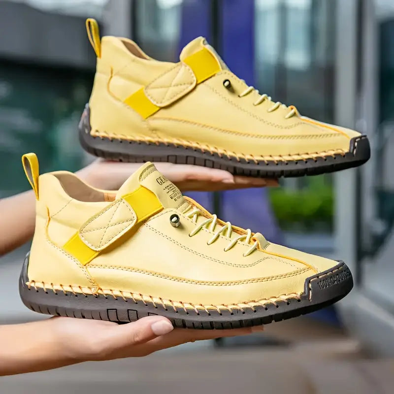 Close-up of the breathable mesh upper and secure lace-up design of women's walking shoes.