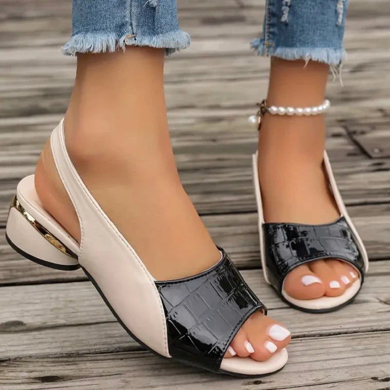 Women's fashionable sandals for spring/summer, designed with a low block heel and elegant croc texture