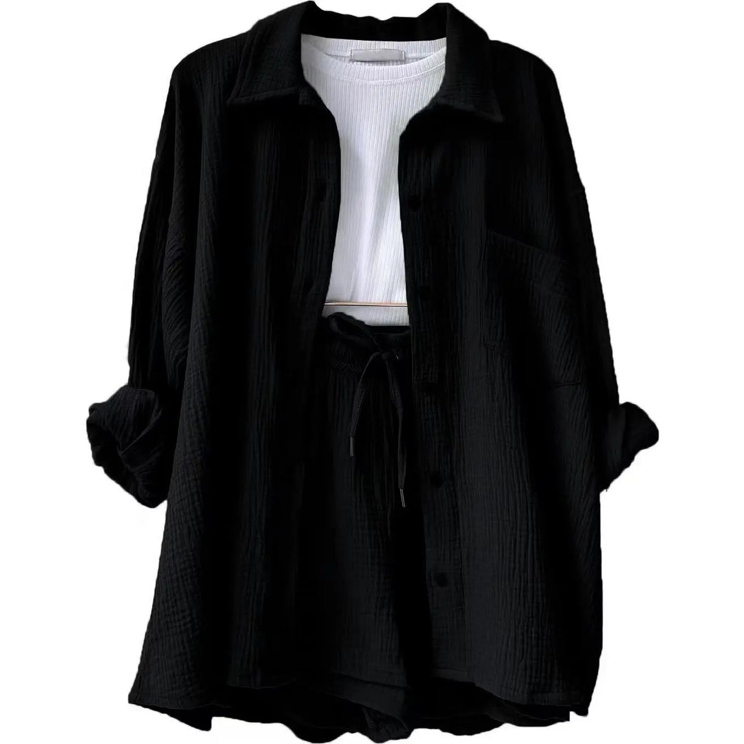 Comfortable and breathable women's crinkle lounge set in a navy blue, great for casual elegance.