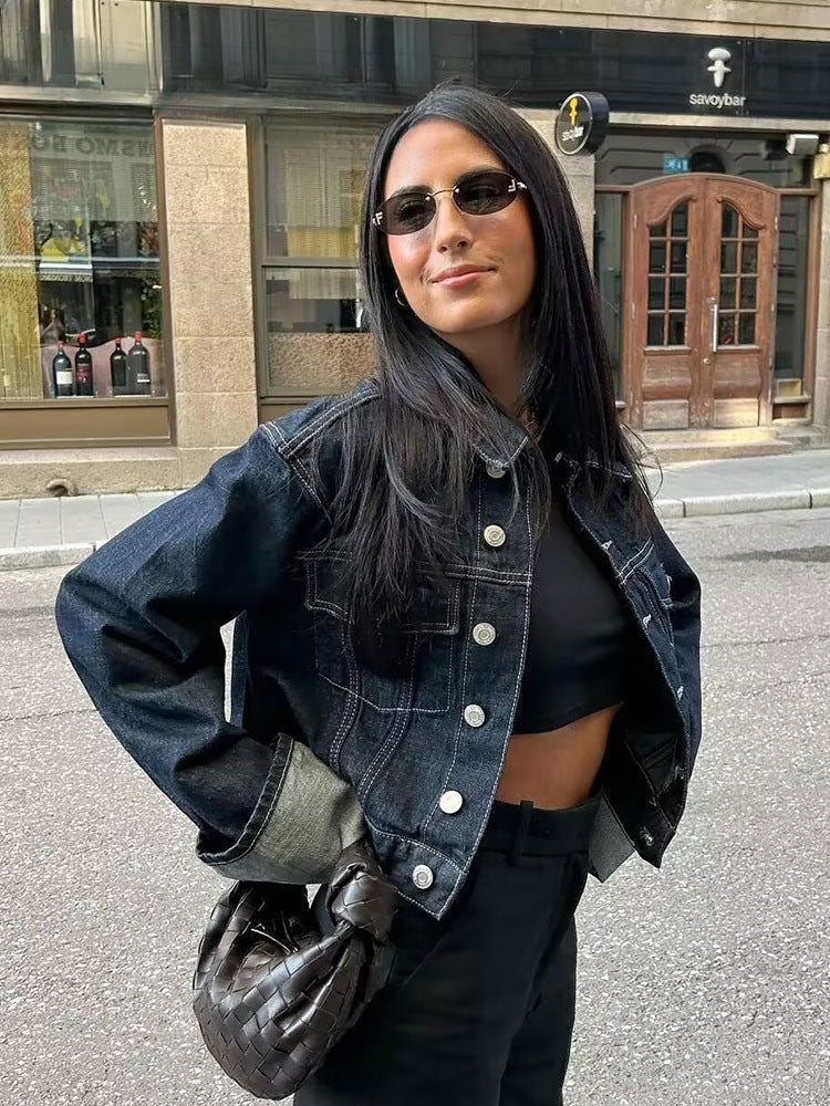 Casual women's two-piece set: cropped denim jacket and comfortable denim pants