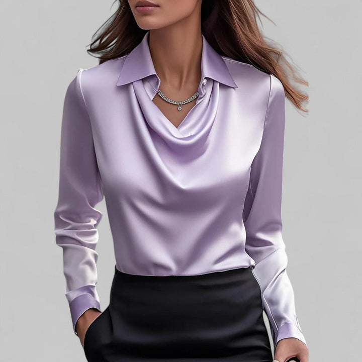 Fashionable women's long sleeve satin top with a flattering draped neck, ideal for various occasions