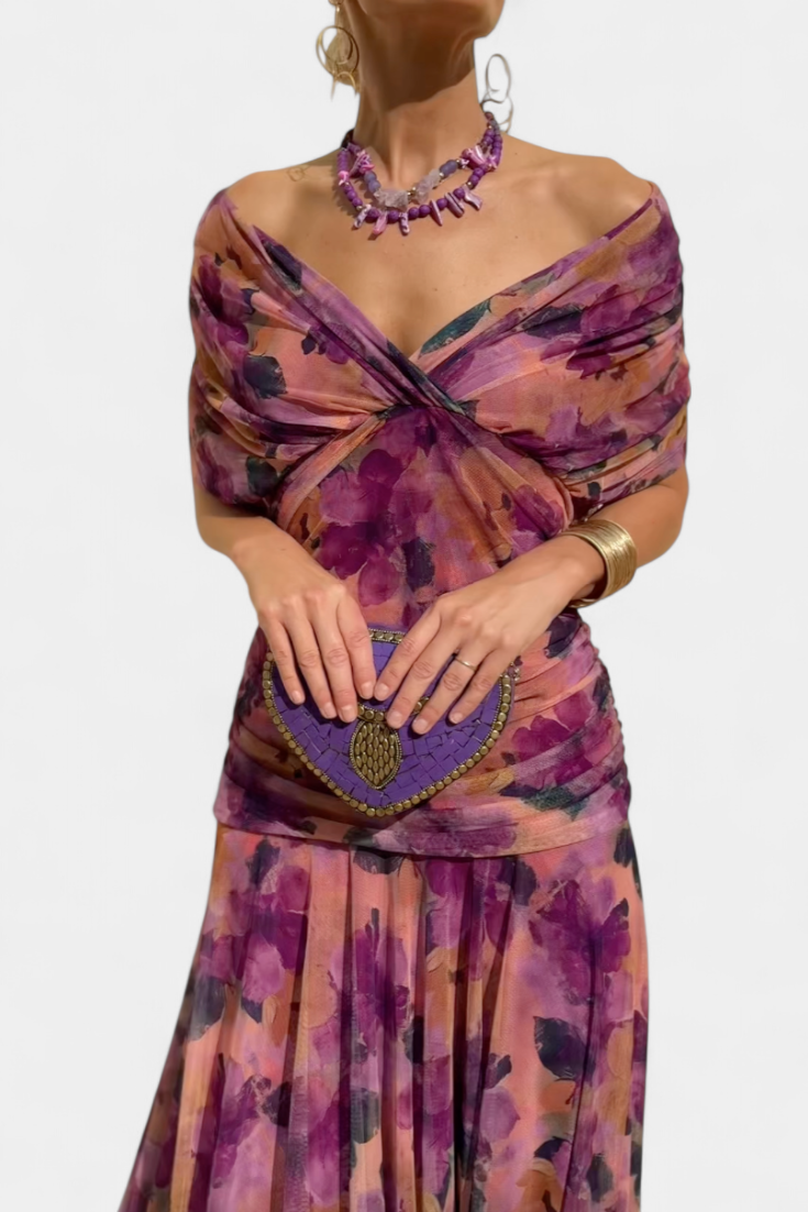 Off-shoulder ruched midi dress for women, perfect as a cocktail or evening dress.