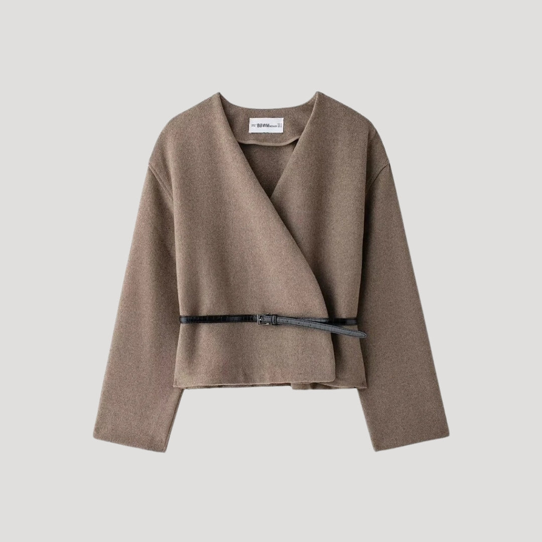Women's elegant taupe belted wrap jacket, perfect lightweight outerwear for spring, front view
