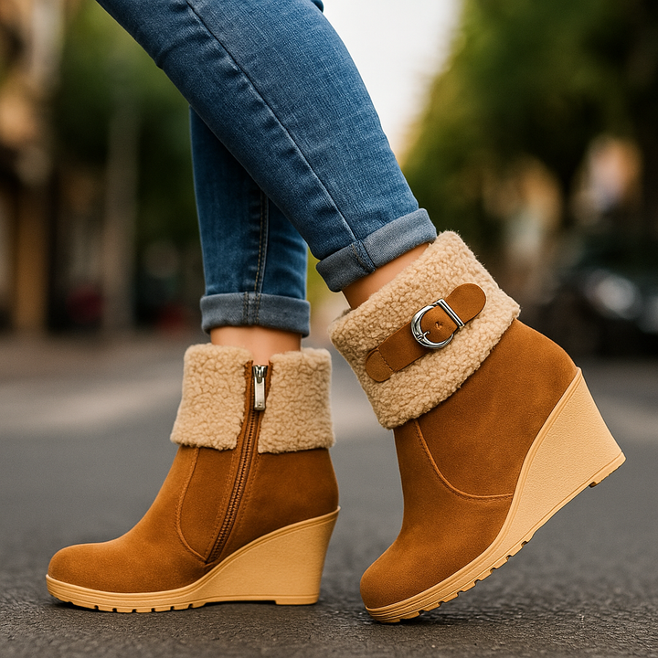 Women's fleece lined platform shoes, black, for cozy winter wear and orthopedic support.