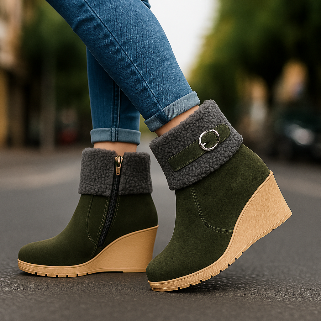 Fashionable women's platform ankle boots with warm fleece lining, perfect for cold weather.