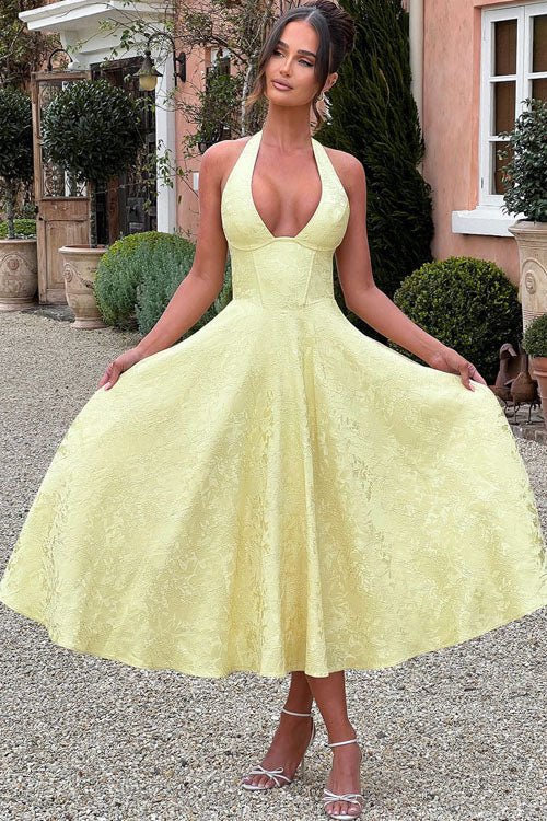 Women's floral wedding guest midi dress, romantic print, comfortable & elegant.