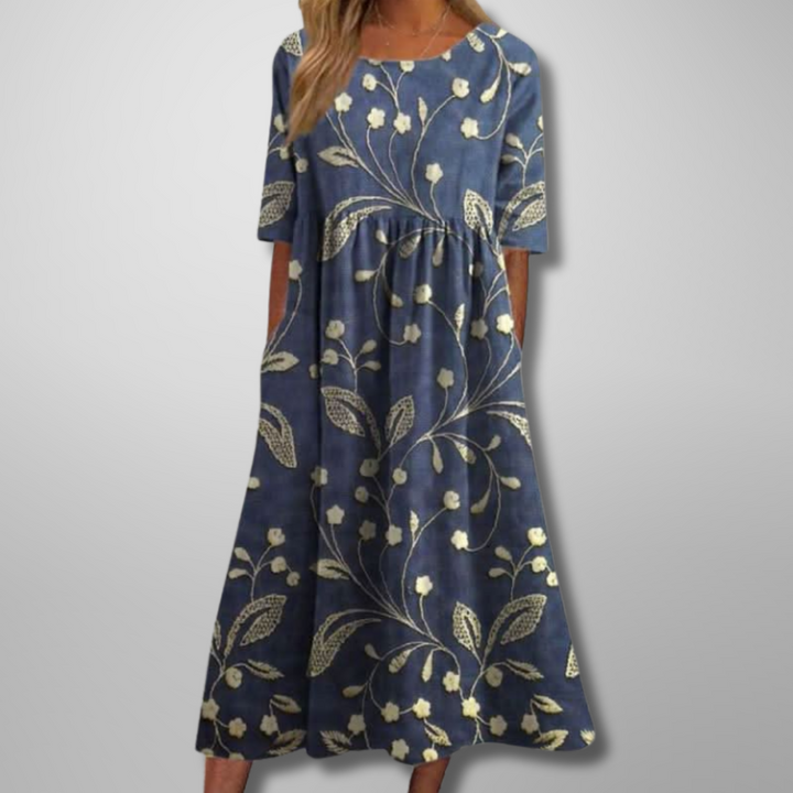 Women's floral print midi dress, short-sleeve, relaxed fit, gathered waist. Perfect for comfortable summer casual wear.