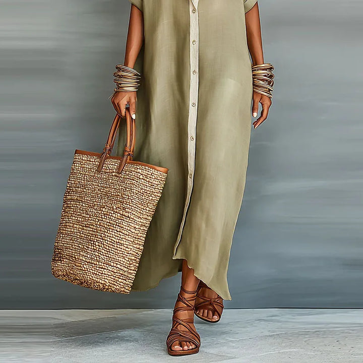Women's casual boho maxi shirt dress with a beautiful contrast print, great for beach or vacation.