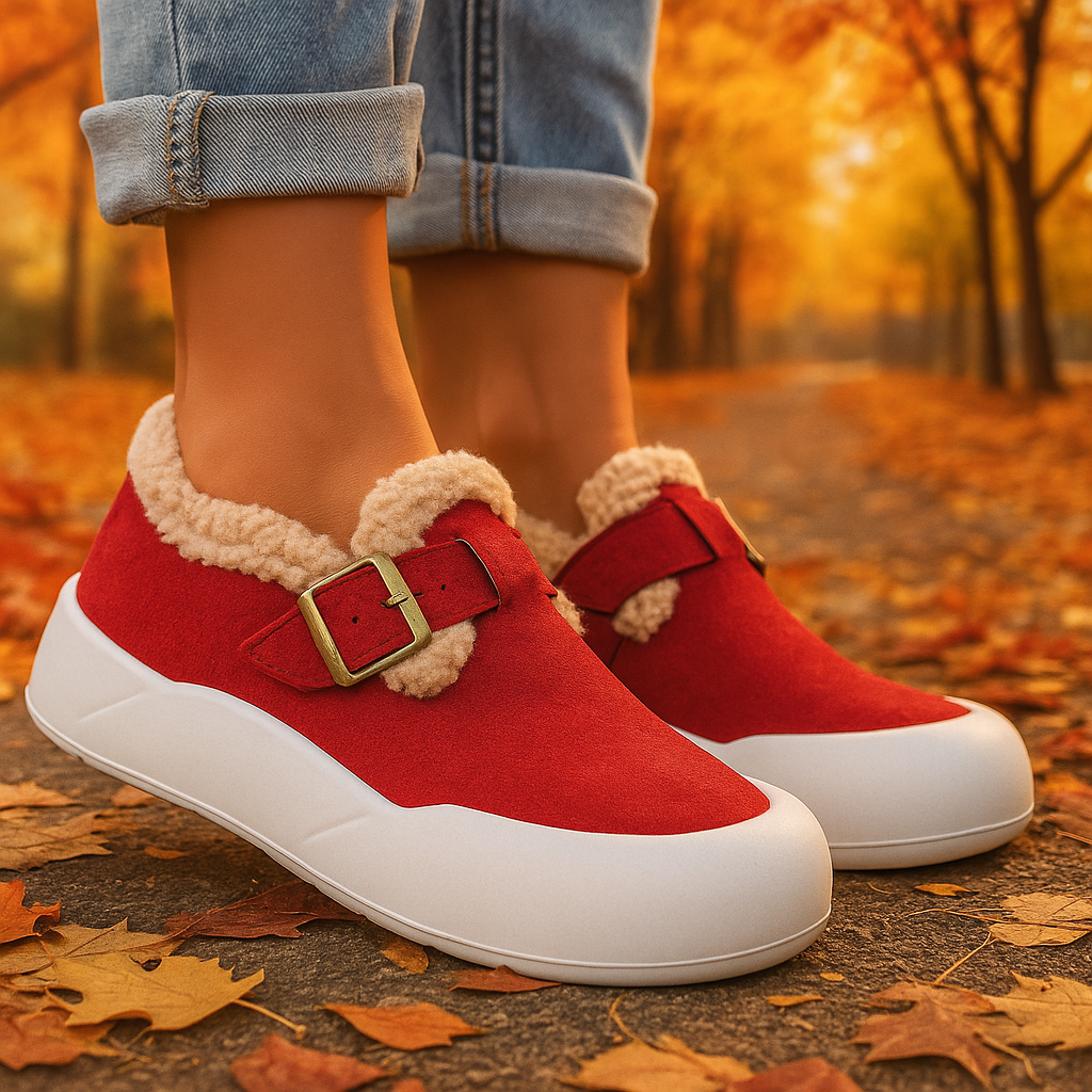 Women's genuine black leather buckle clogs with cozy fleece lining, perfect for winter comfort.